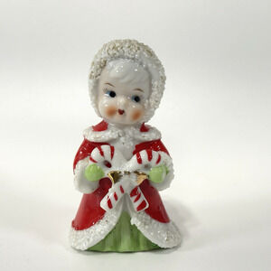 VTG Enesco? Christmas Girl w/Candy Canes Figurine Japan Snowball Texture Kitschy